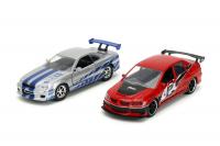 Rychle a zběsile Twin Pack 2006 Mitsubishi Lancer Evo IX + Brianův 2002 Nissan Skyline GTR R34, 1:32 Wave 4/2